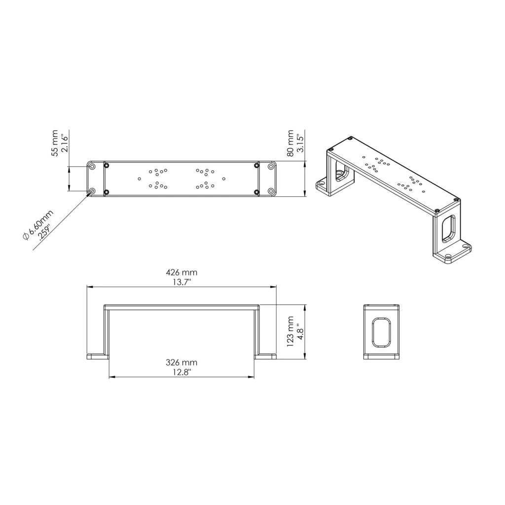 Dimensioned drawing of the Bow Mount Bro showing side, front, top and cable-slot views