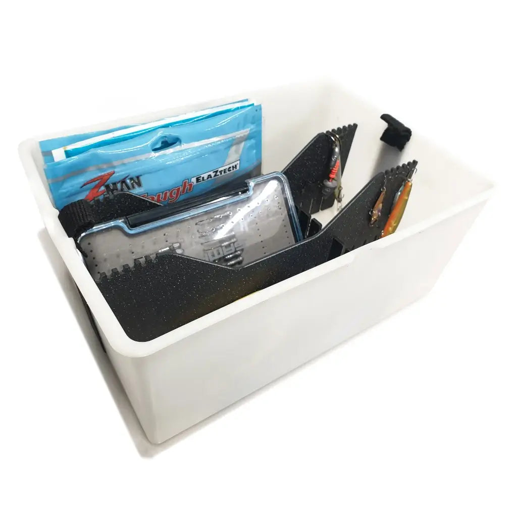 Rectangular bucket organiser in a Hobie rectangular hatch bucket