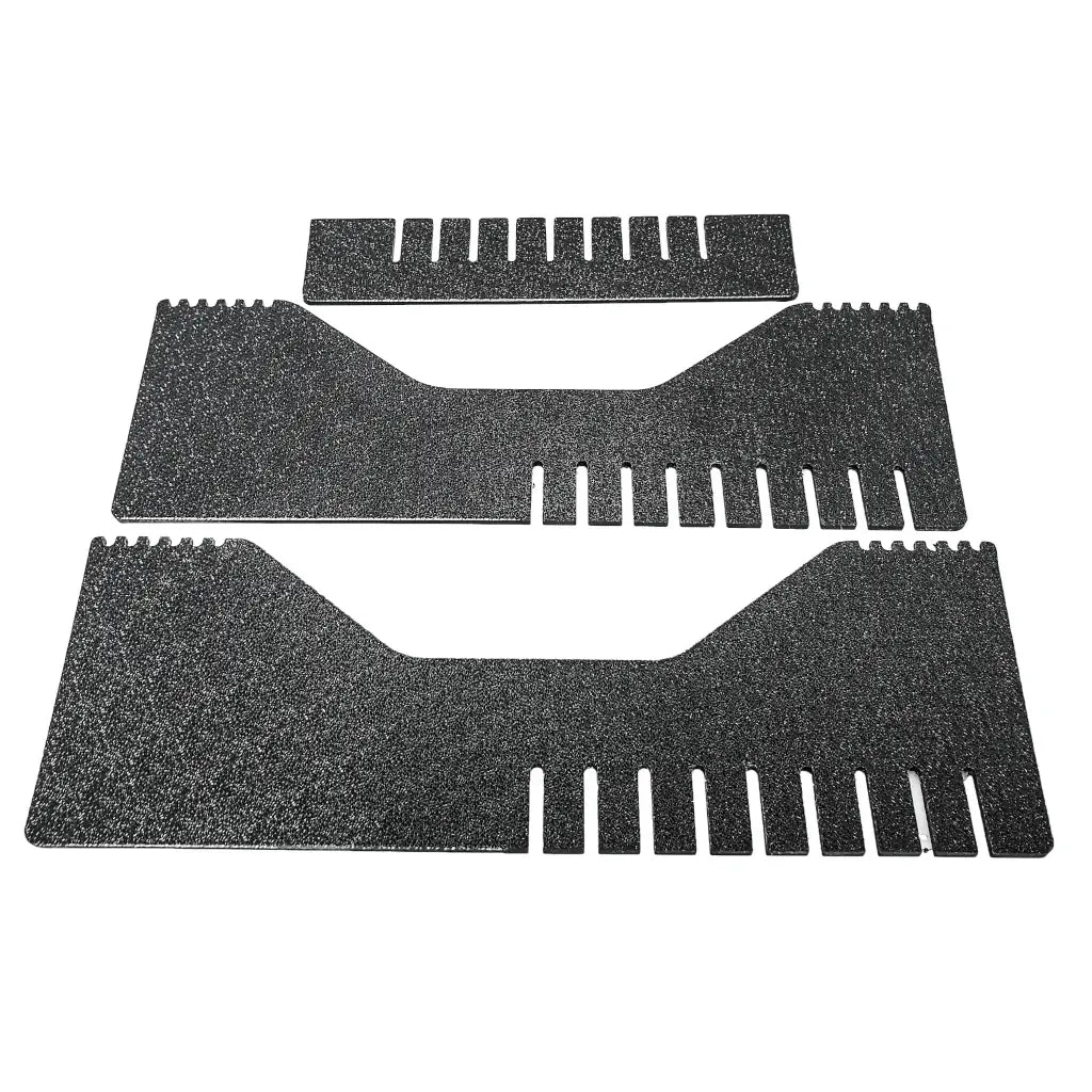 Three black slotted divider panels from the rectangular bucket organiser, laid flat