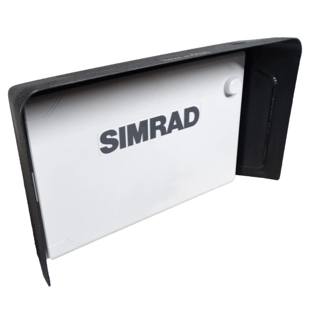 Visor on a Simrad NSS Evo 12 fish finder with the white branded screen cover fitted