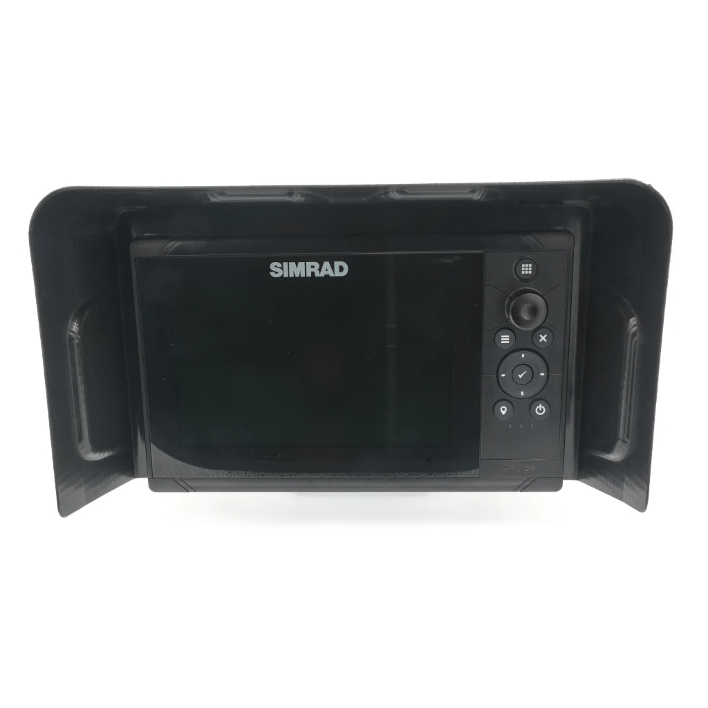 Visor fitted to a Simrad Cruise 9 fish finder, viewed front-on with the keypad visible