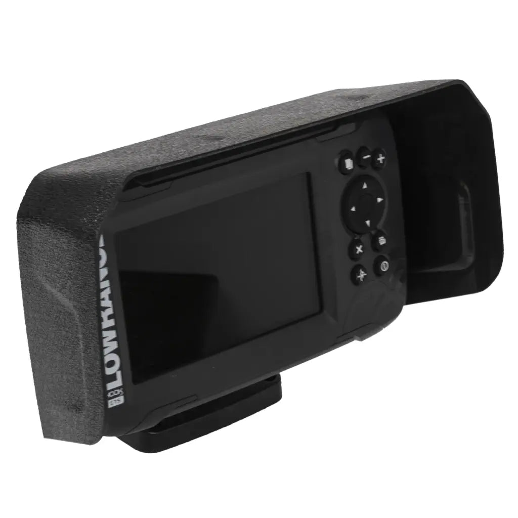Visor fitted to a Lowrance Eagle 5 fish finder with the keypad visible
