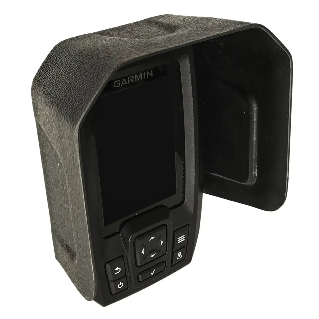 Visor fitted to a Garmin Striker 4 fish finder, small portrait unit with its keypad visible
