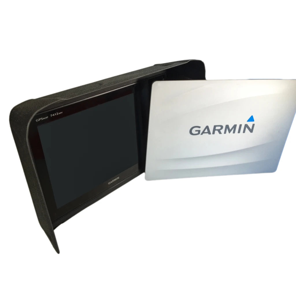 Visor on a 12in Garmin GPSMAP with the white Garmin fish finder screen cover propped alongside