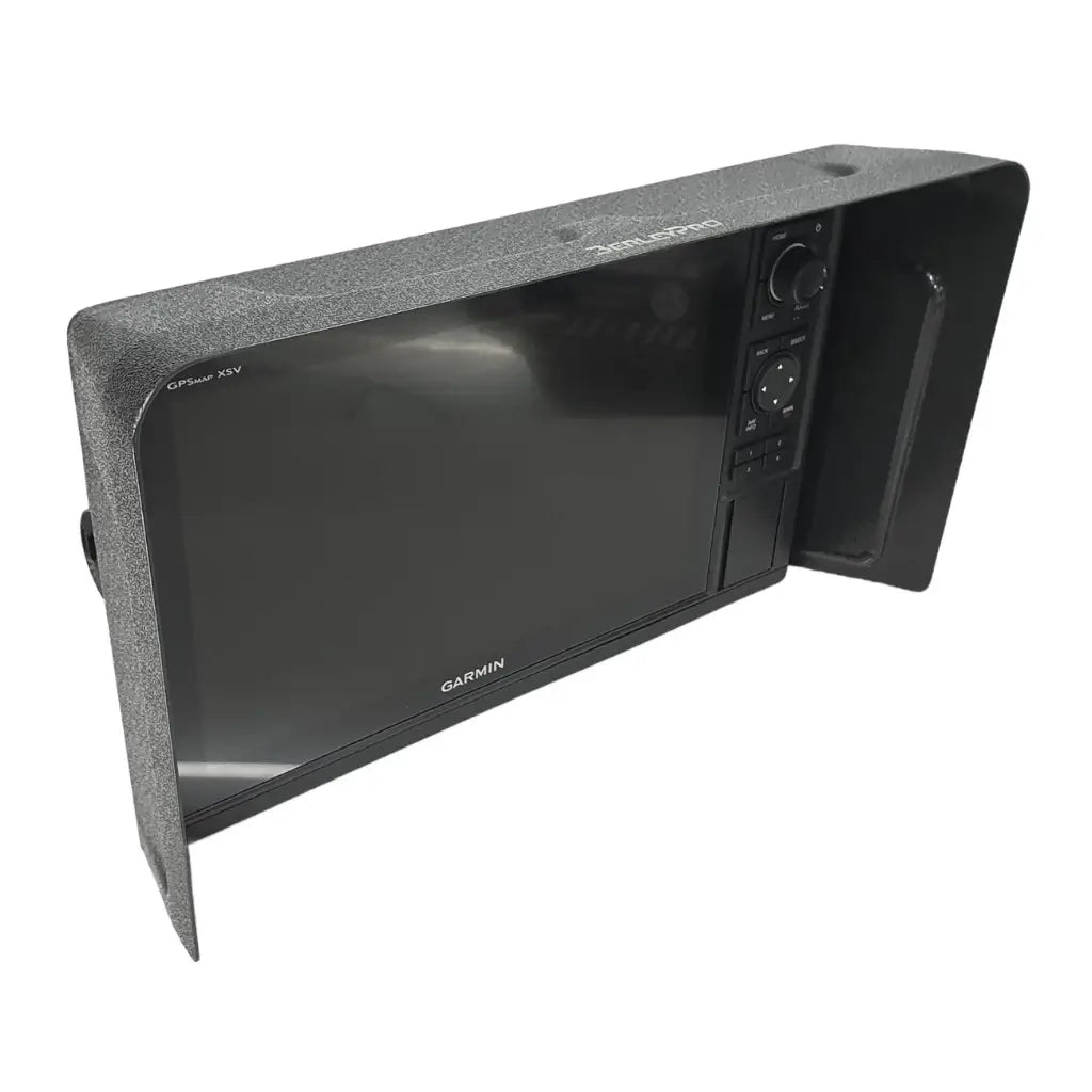Visor fitted to a 12in Garmin GPSMAP XXX2 fish finder series display, viewed from the side