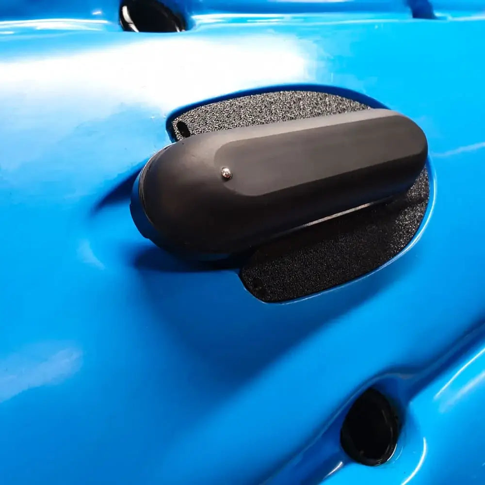 Raymarine HV-100 ready transducer mount on a bright blue Hobie hull
