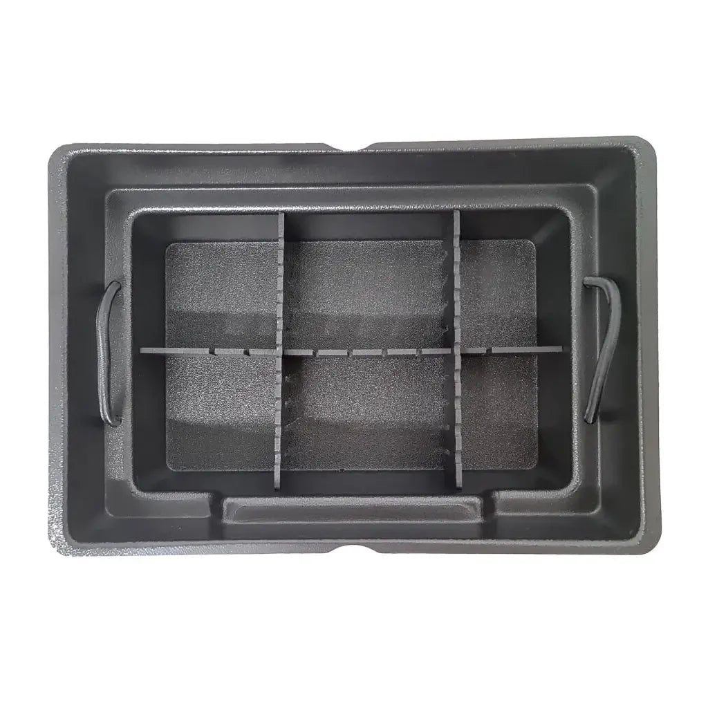 Bucket Bro organiser seen from above with dividers fitted, forming six tackle compartments