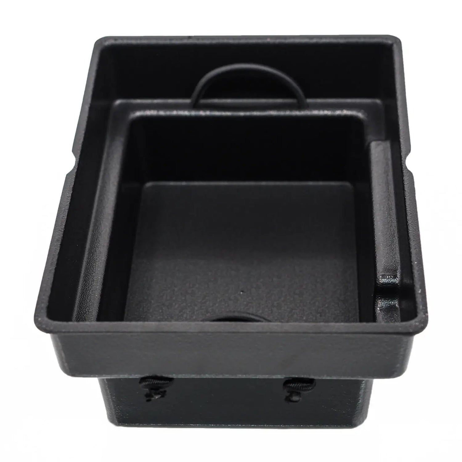 Bucket Bro hatch bucket viewed front-on, showing the deep tub and lipped rim clips