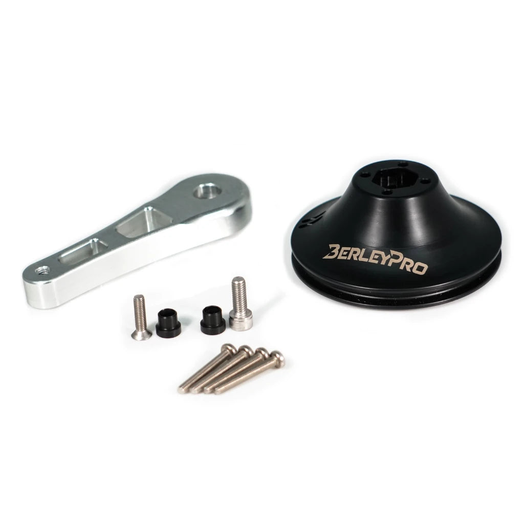 Raised steering handle kit contents: aluminium arm, black base and mounting hardware