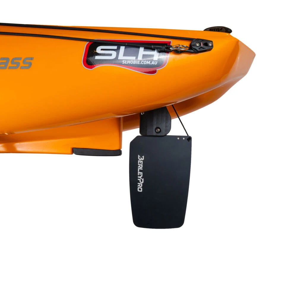Brudder rudder fitted to the stern of an orange Hobie kayak carrying SLH decals