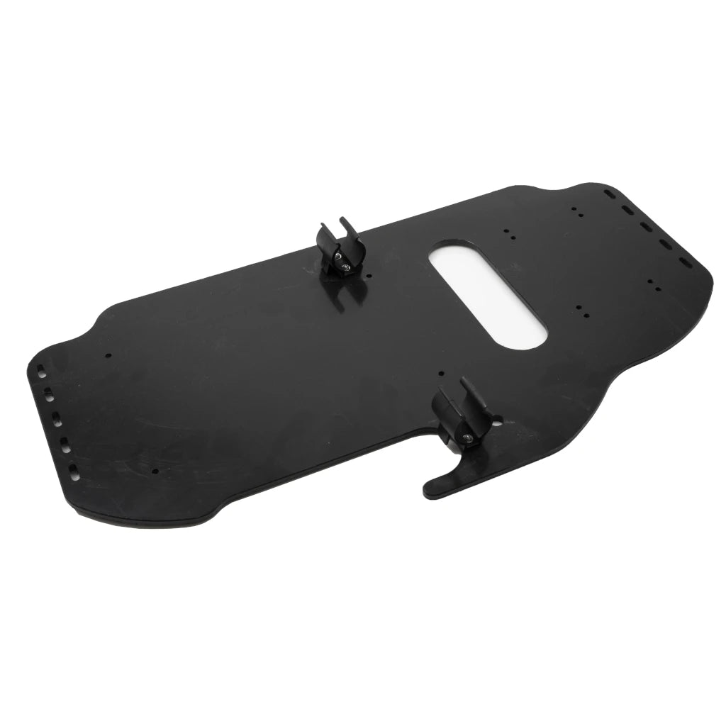 Rear of the Pro Angler 14 electronics mounting board with both black clamps fitted