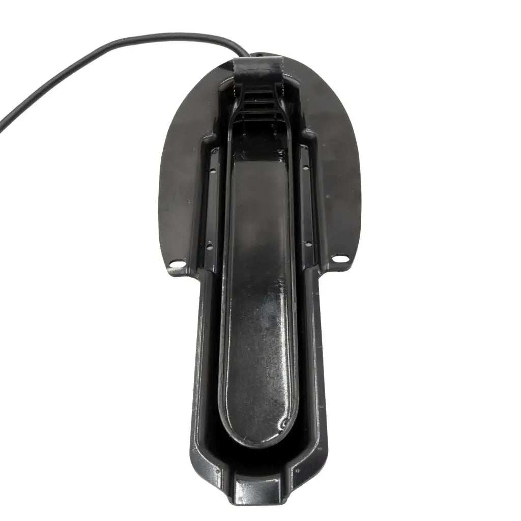 Lowrance Eagle transducer fitted into the black mount pod with the cable exiting the rear