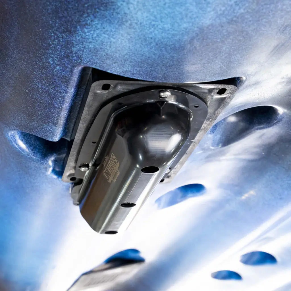 Close-up of the UNI TRANS cover on a K2F kayak hull with the transducer face showing