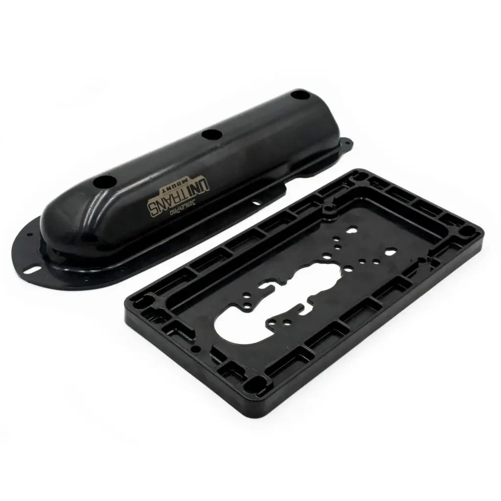 BerleyPro UNI TRANS transducer cover shown beside its rectangular backing plate on white