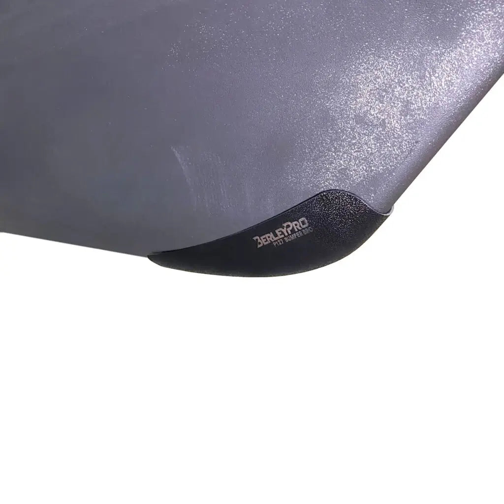 Bumper Bro fitted to the bow of a charcoal grey Bonafide P127 fishing kayak