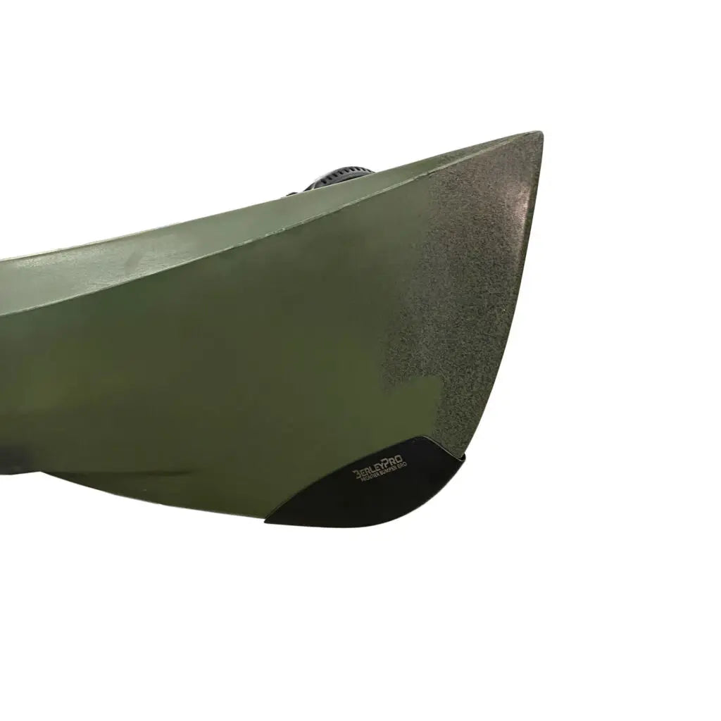 Bumper Bro fitted to the bow of an olive green NuCanoe Frontier hull