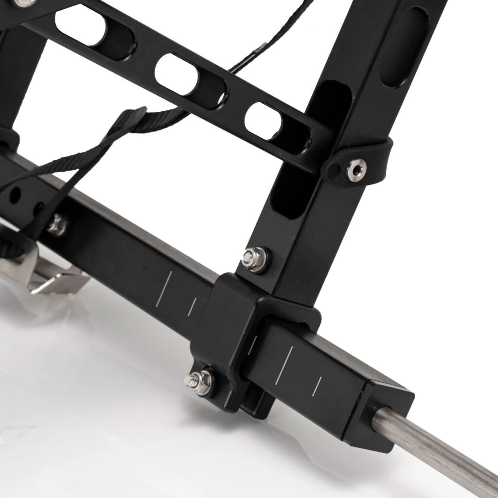 Close-up of the Kimmi Cart kayak trolley black axle clamps and the bolted frame junction