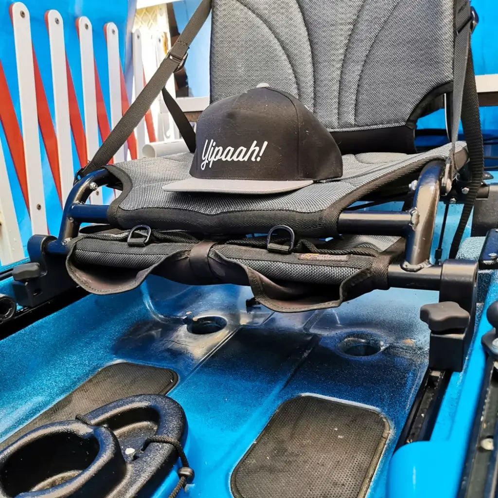 Seat risers lifting the frame on a blue Native Slayer 10 kayak deck