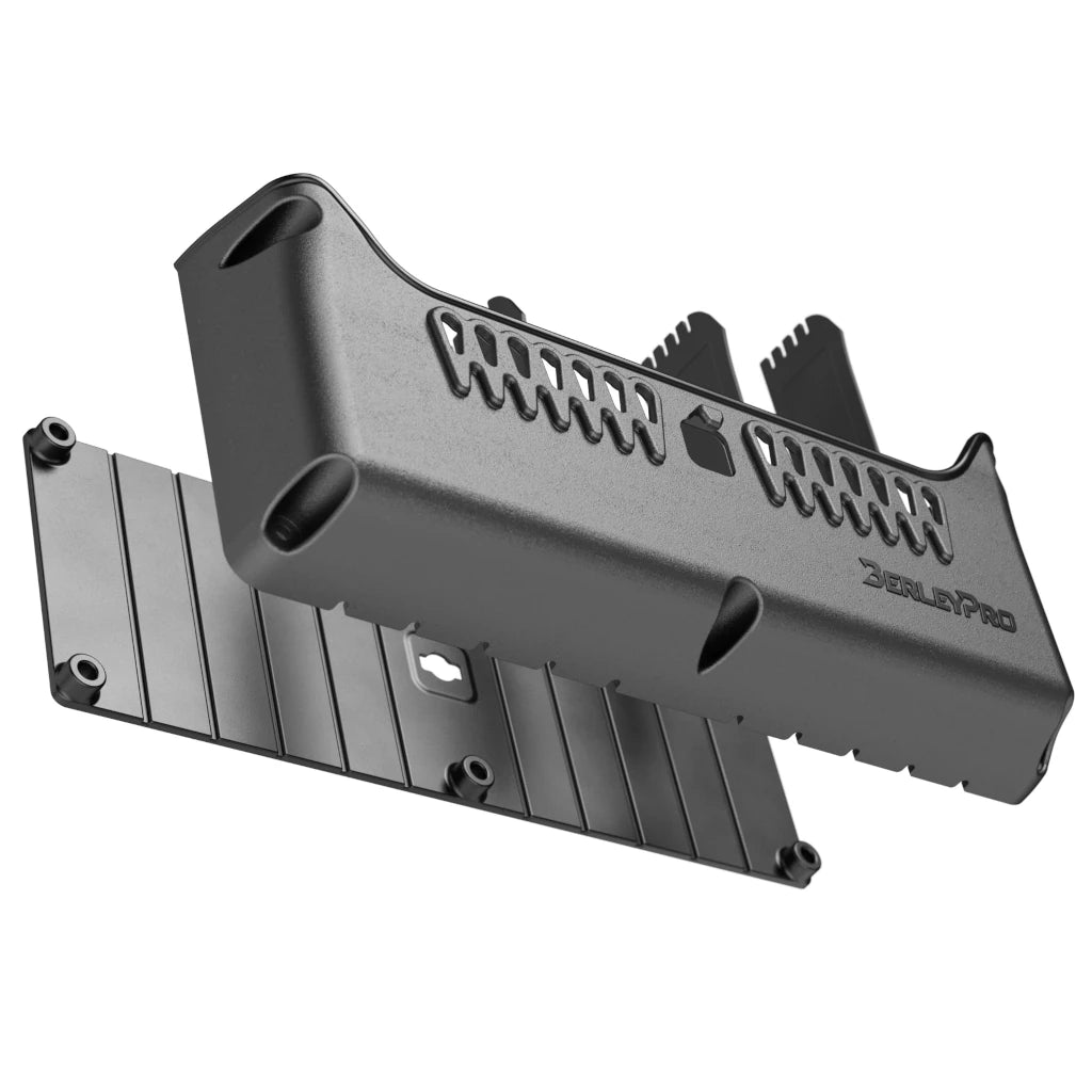 BerleyPro Backing Bro plate positioned behind a black Side Bro storage caddy ready to be mounted
