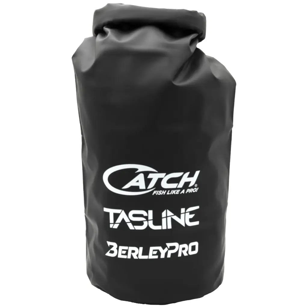 Black roll-top dry bag printed with the Catch, Tasline and BerleyPro logos