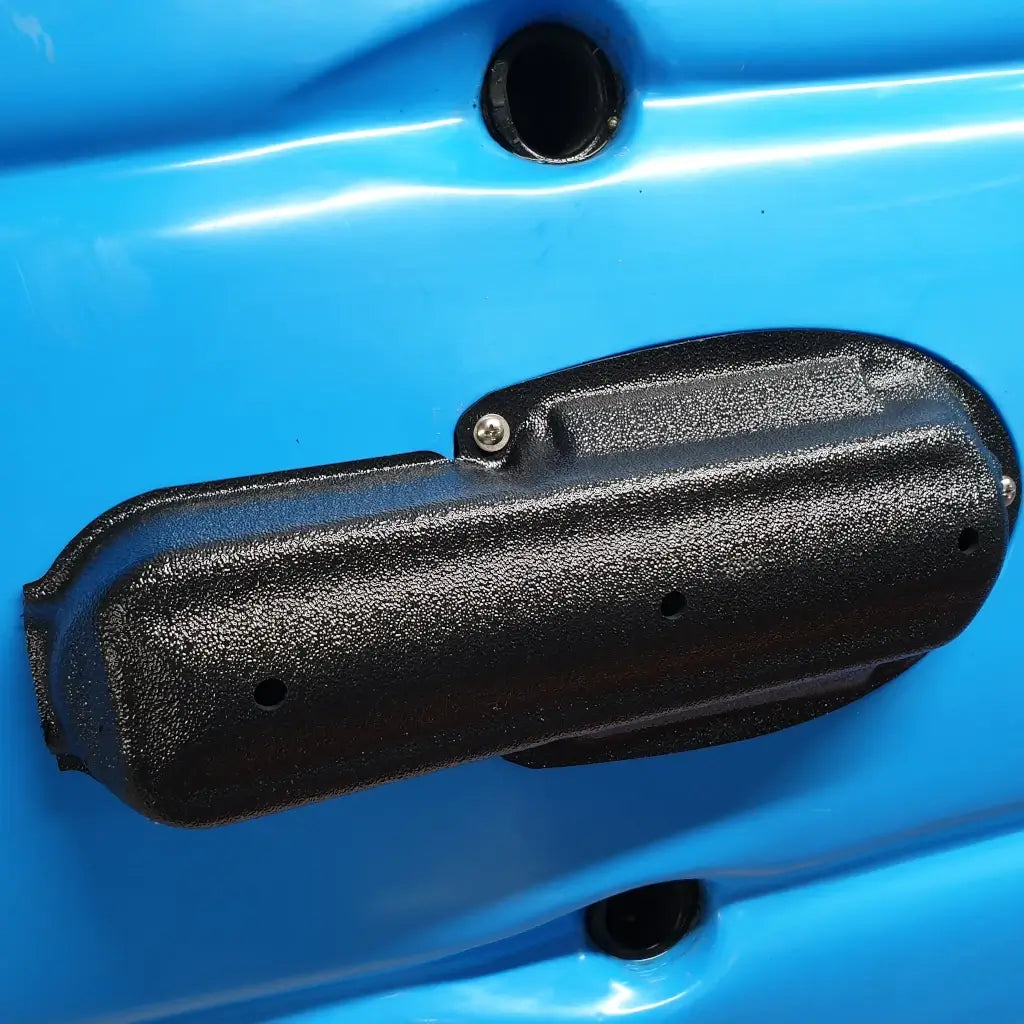 Raymarine HV-100 transducer guard fitted to a caribean blue kayak hull