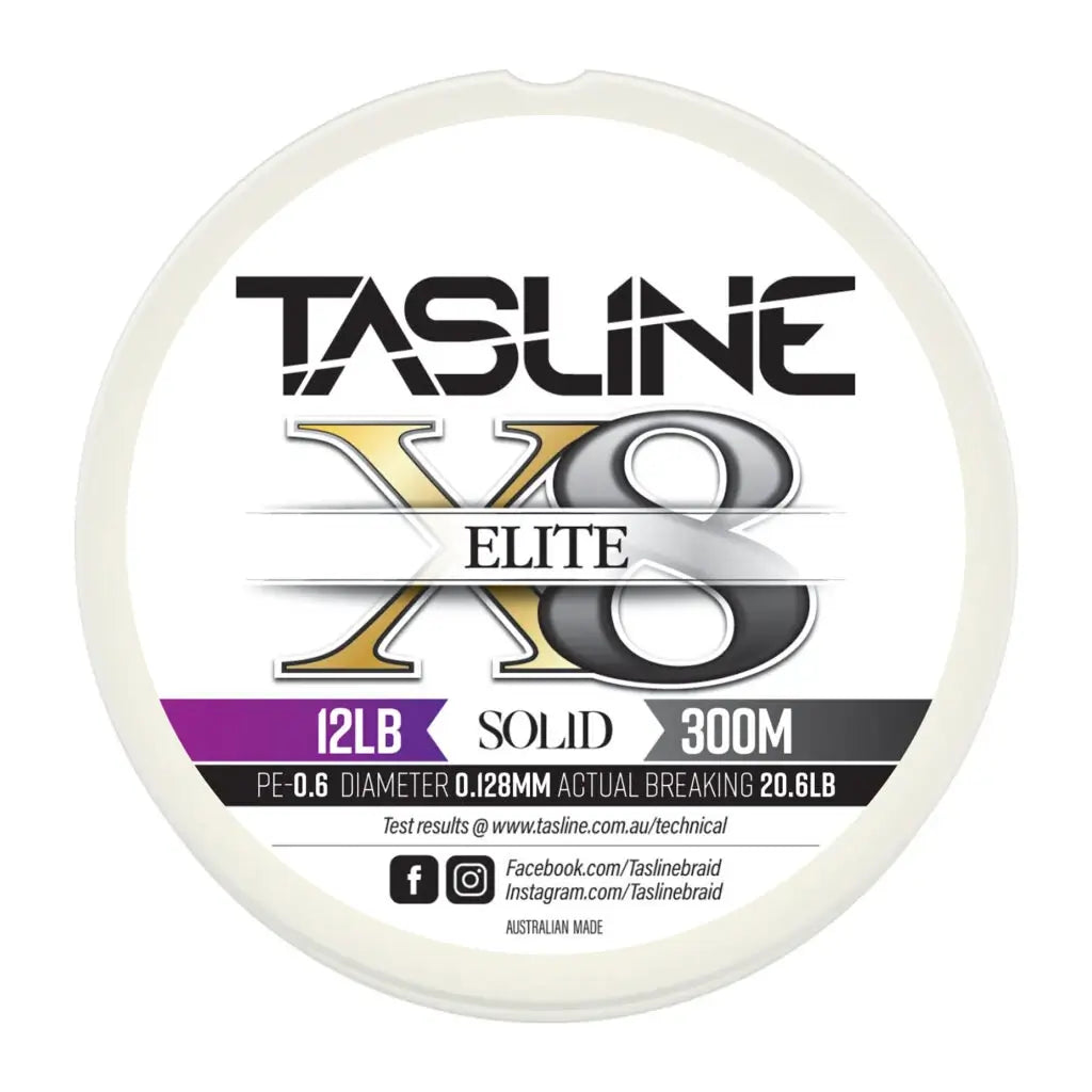 Tasline Elite X8 solid braid spool graphic, 12lb rating on a 300m spool with breaking strain data