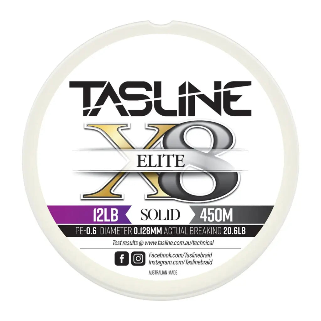 Tasline Elite X8 solid braid spool graphic, 12lb rating on a 450m spool with breaking strain data
