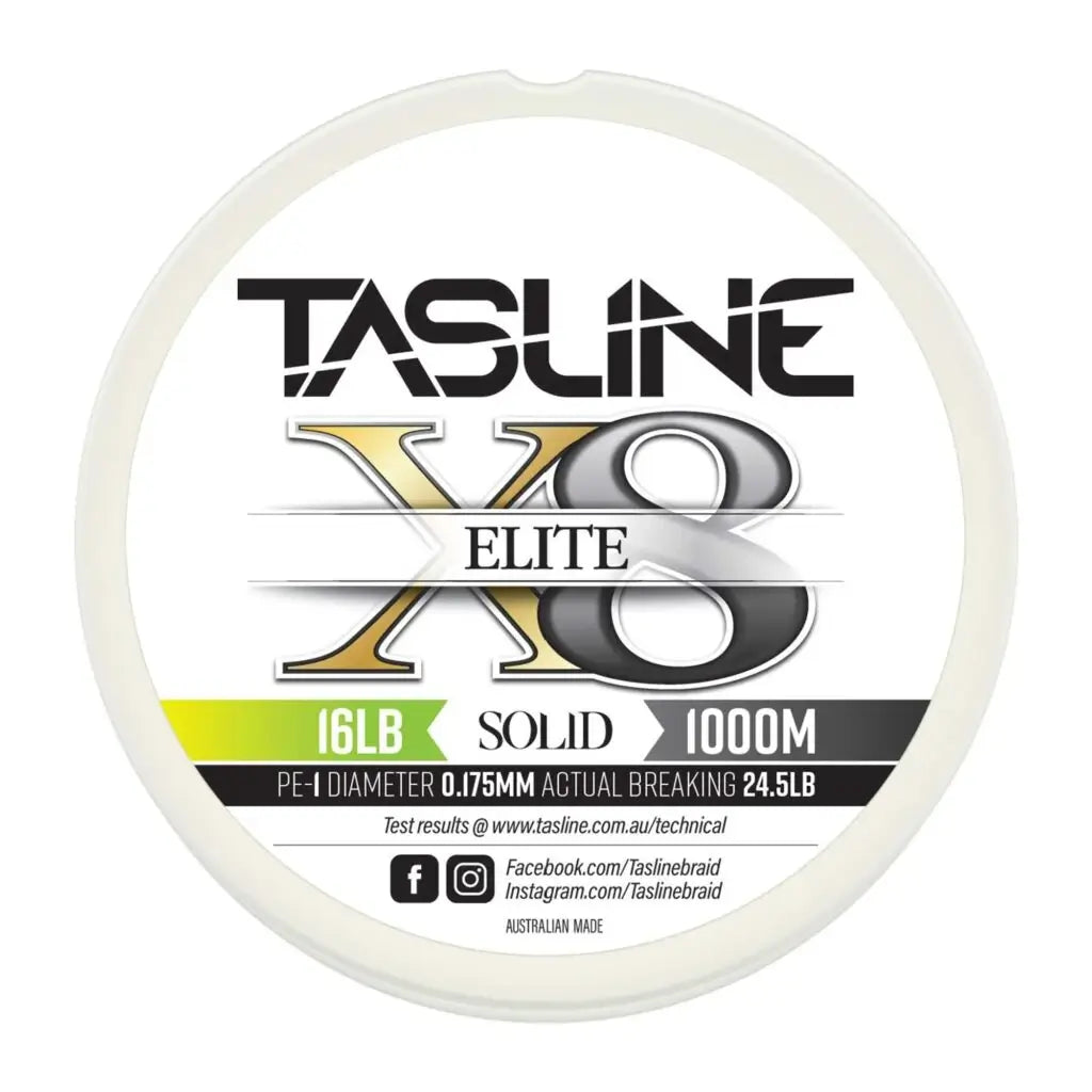 Tasline Elite X8 solid braid spool graphic, 16lb rating on a 1000m spool with breaking strain data