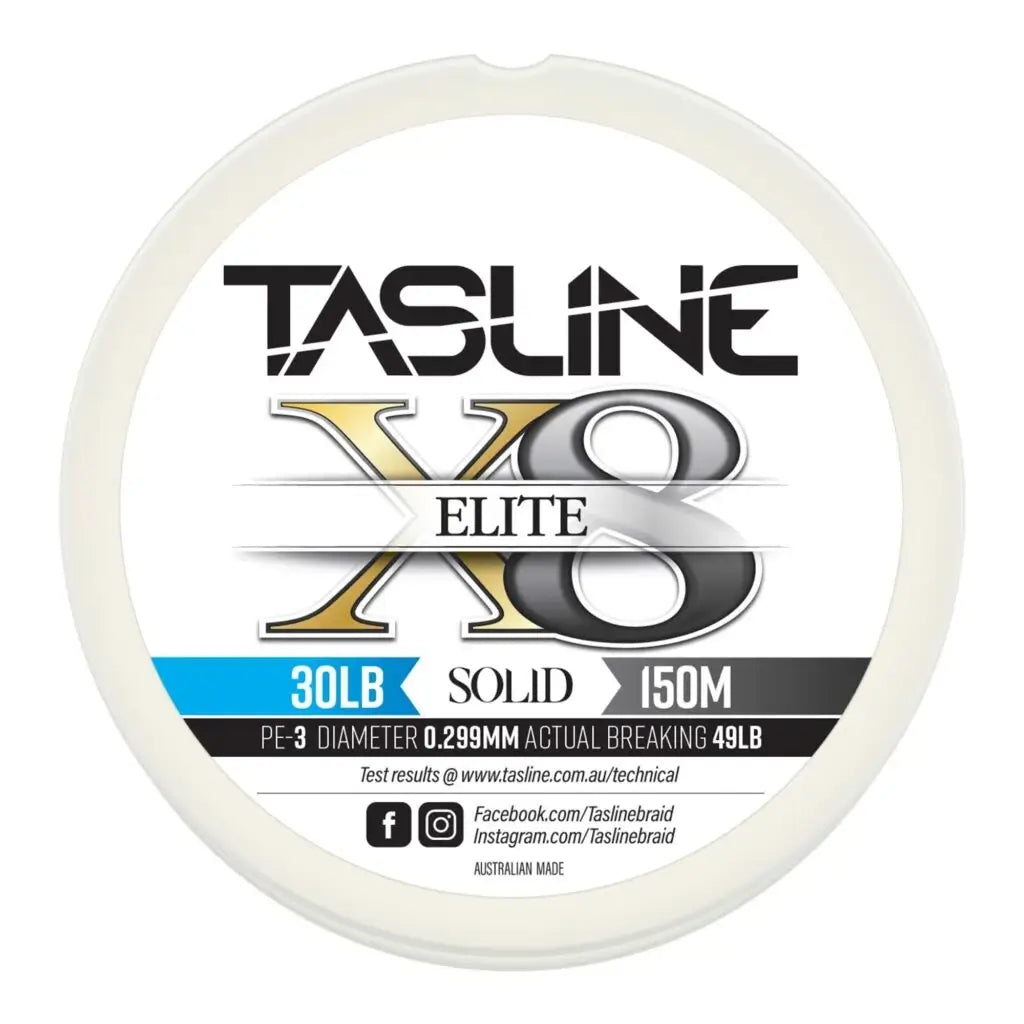Tasline Elite X8 solid braid spool graphic, 30lb rating on a 150m spool with breaking strain data