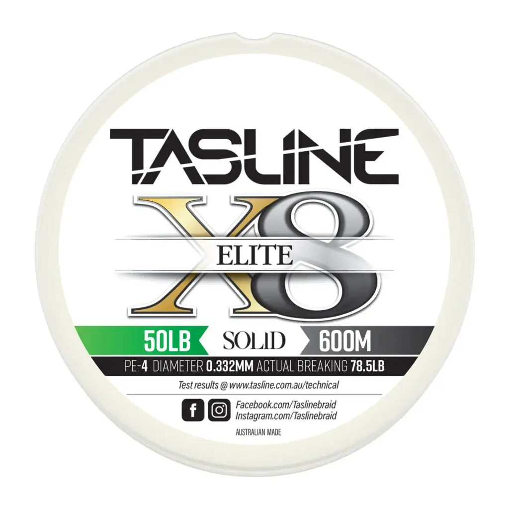 Tasline Elite X8 solid braid spool graphic, 50lb rating on a 600m spool with breaking strain data