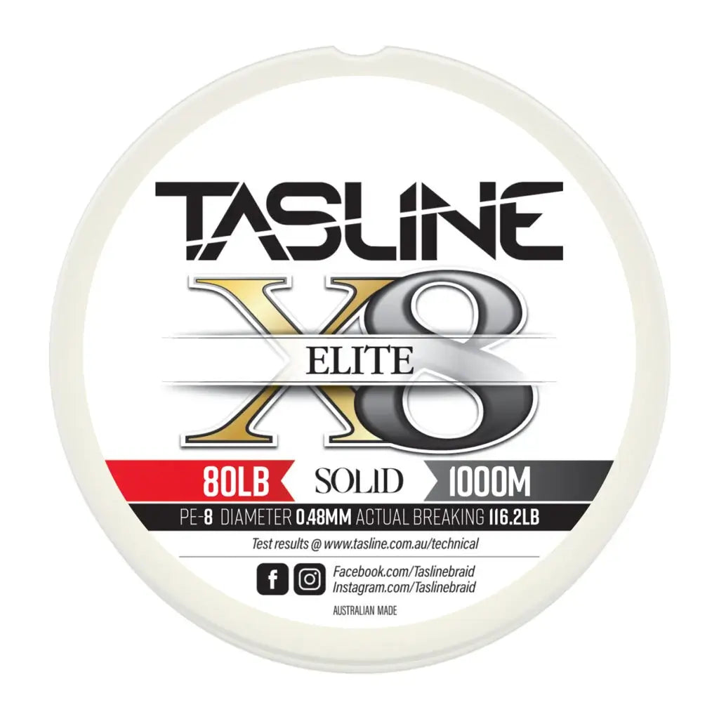 Tasline Elite X8 solid braid spool graphic, 80lb rating on a 1000m spool with breaking strain data