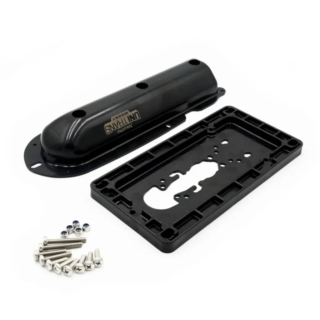 BerleyPro UNI TRANS kit contents: black cover, backing plate and stainless mounting screws