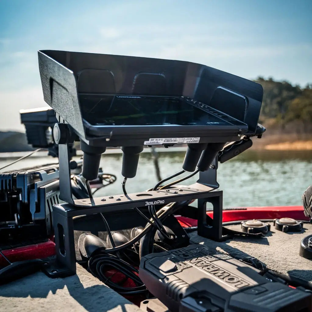 Large Lowrance screen on the Bow Mount Bro over a boat bow deck and trolling motor on a lake