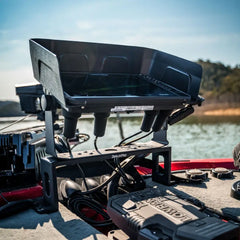Large Lowrance screen on the Bow Mount Bro over a boat bow deck and trolling motor on a lake