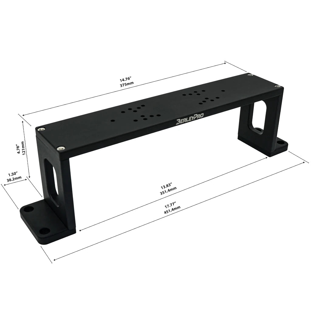 Dimensioned drawing of the Bow Mount Bro bracket in 3D with height, width and length callouts