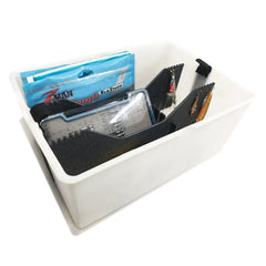Rectangular bucket organiser in a Hobie rectangular hatch bucket
