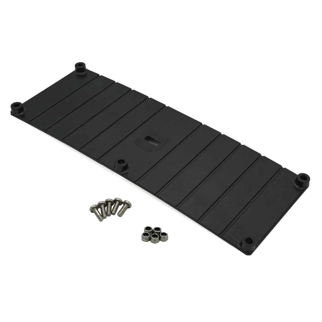 Backing Bro flat ribbed mounting plate laid on white with its stainless screws and nyloc nuts