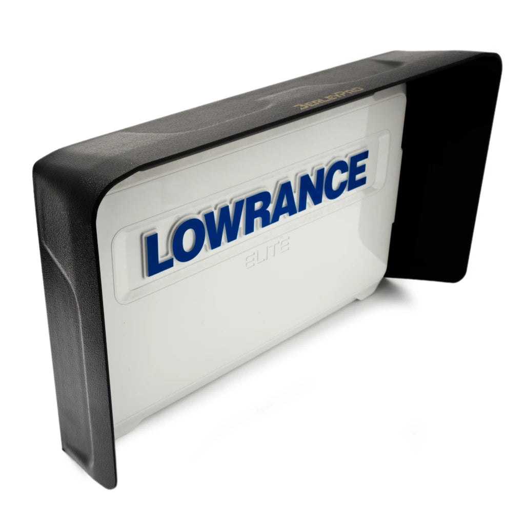Black BerleyPro sun visor fitted to a white Lowrance Elite FS 12 fish finder