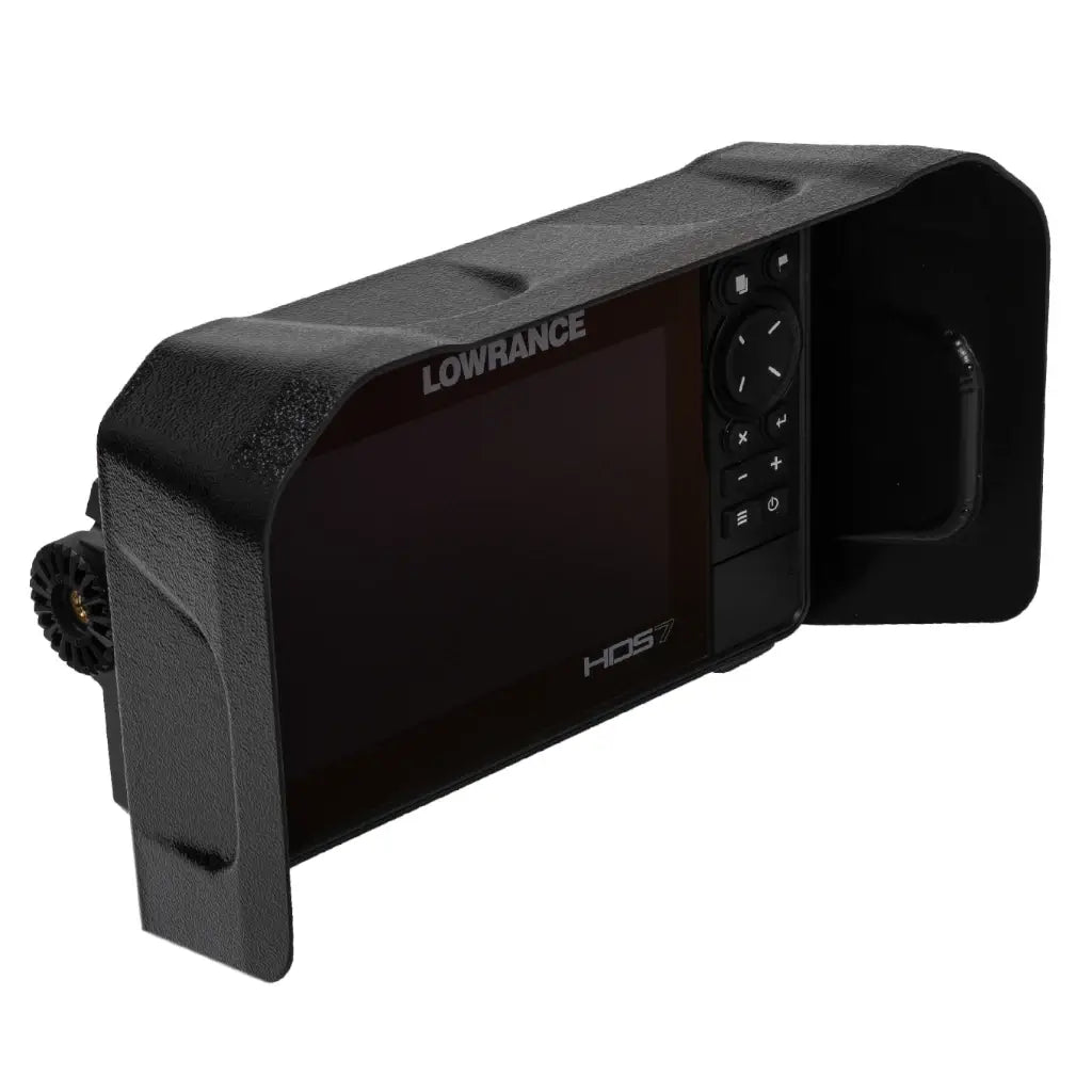 Visor fitted to a Lowrance HDS Live or Pro 7 fish finder, angled view on a white background