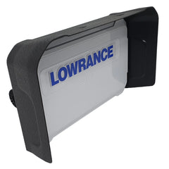 Black BerleyPro sun visor fitted to a white Lowrance Elite FS fish finder