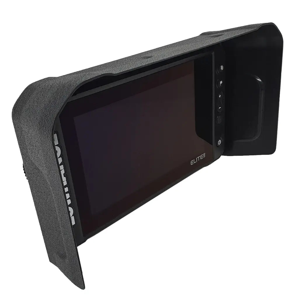 Visor with BerleyPro branding on the hood fitted to a Lowrance Elite FS 9