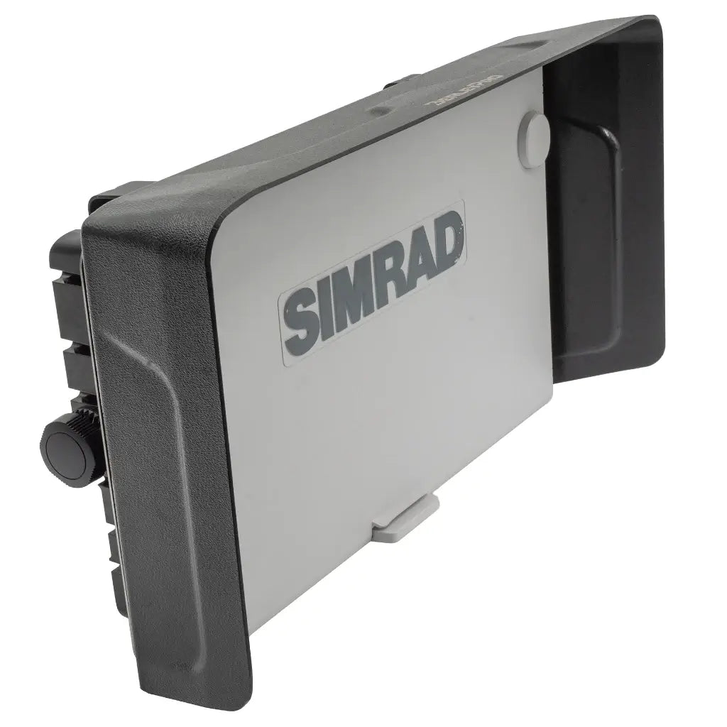 Visor on a Simrad NSS4 16 fish finder display with the white branded screen cover fitted