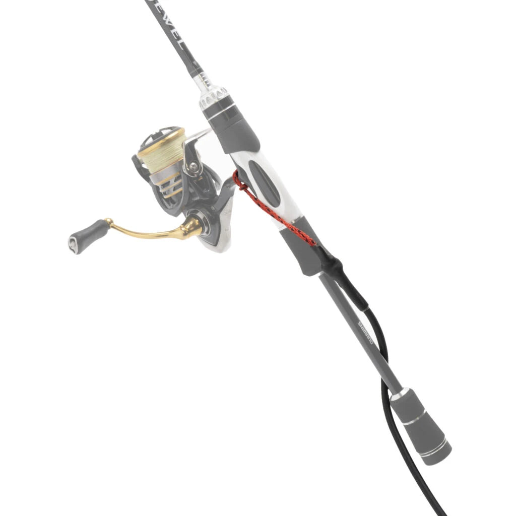 Tackle Tether rod leash looped around the butt of a spinning rod and reel