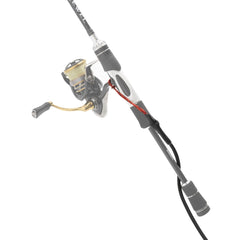 Tackle Tether rod leash looped around the butt of a spinning rod and reel
