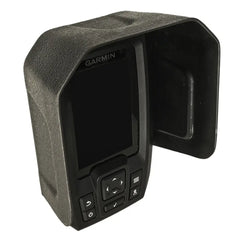 Visor fitted to a Garmin Striker 4 fish finder, small portrait unit with its keypad visible