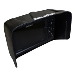 Visor with BerleyPro branding on the hood fitted to a Garmin Striker Plus Vivid 5 fish finder