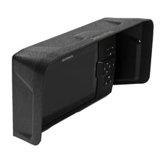 Visor fitted to a Garmin Striker Plus Vivid 9 fish finder, viewed side-on against white