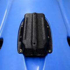 Humminbird Ready transducer guard installed on the hull of a bright blue Hobie kayak