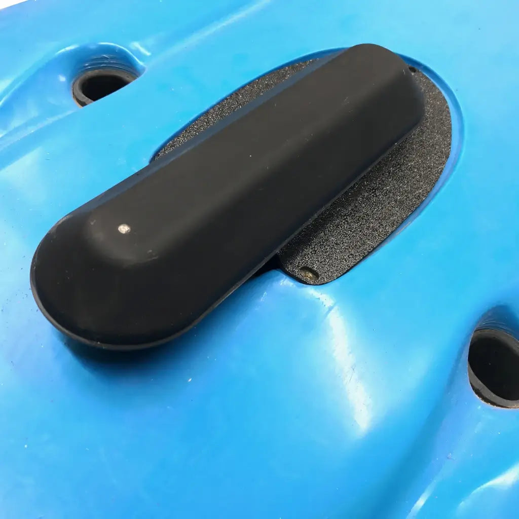 Raymarine RV-100 ready transducer mount on a bright blue Hobie kayak hull