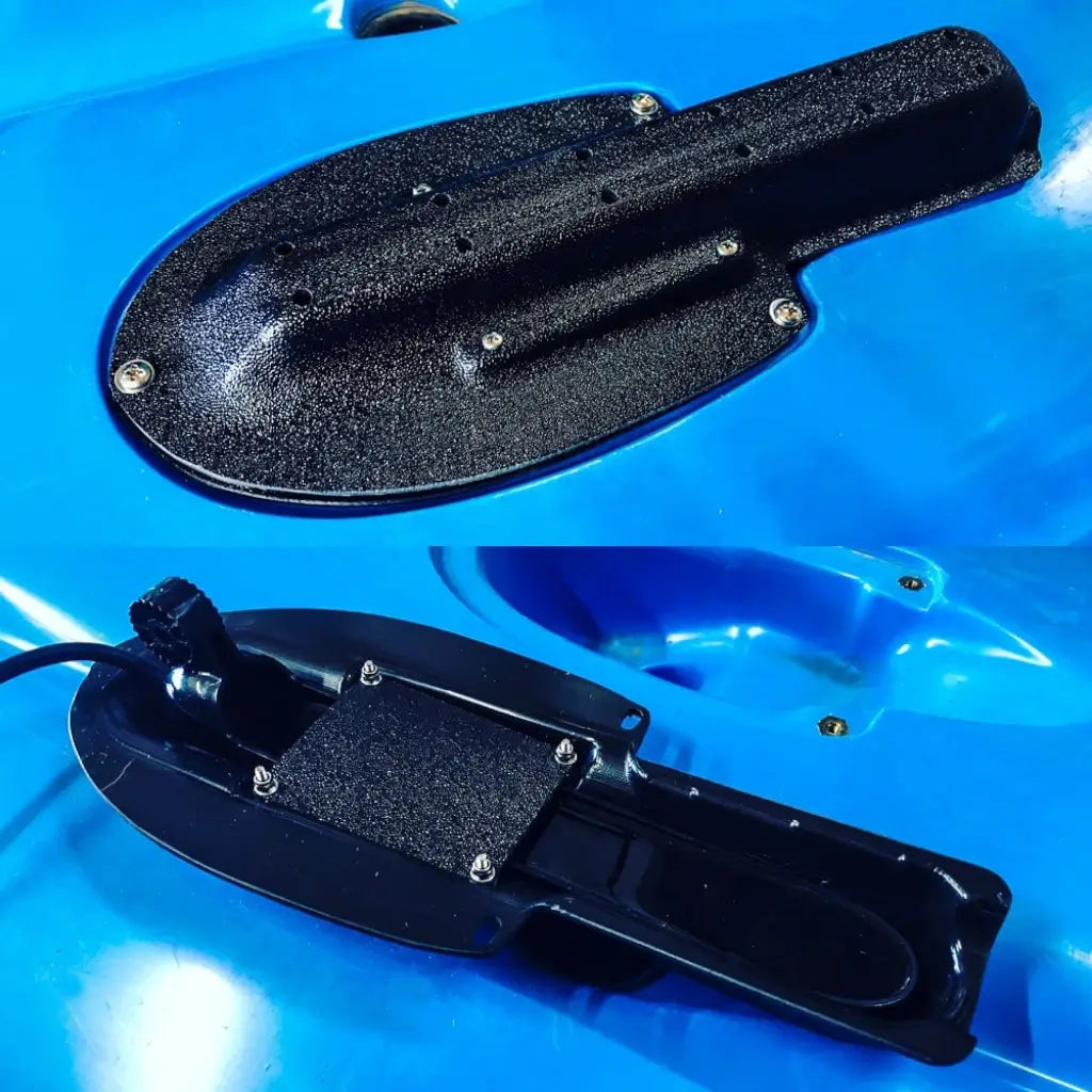 Lowrance Triple Shot transducer mount installed on a carribean blue Hobie kayak hull